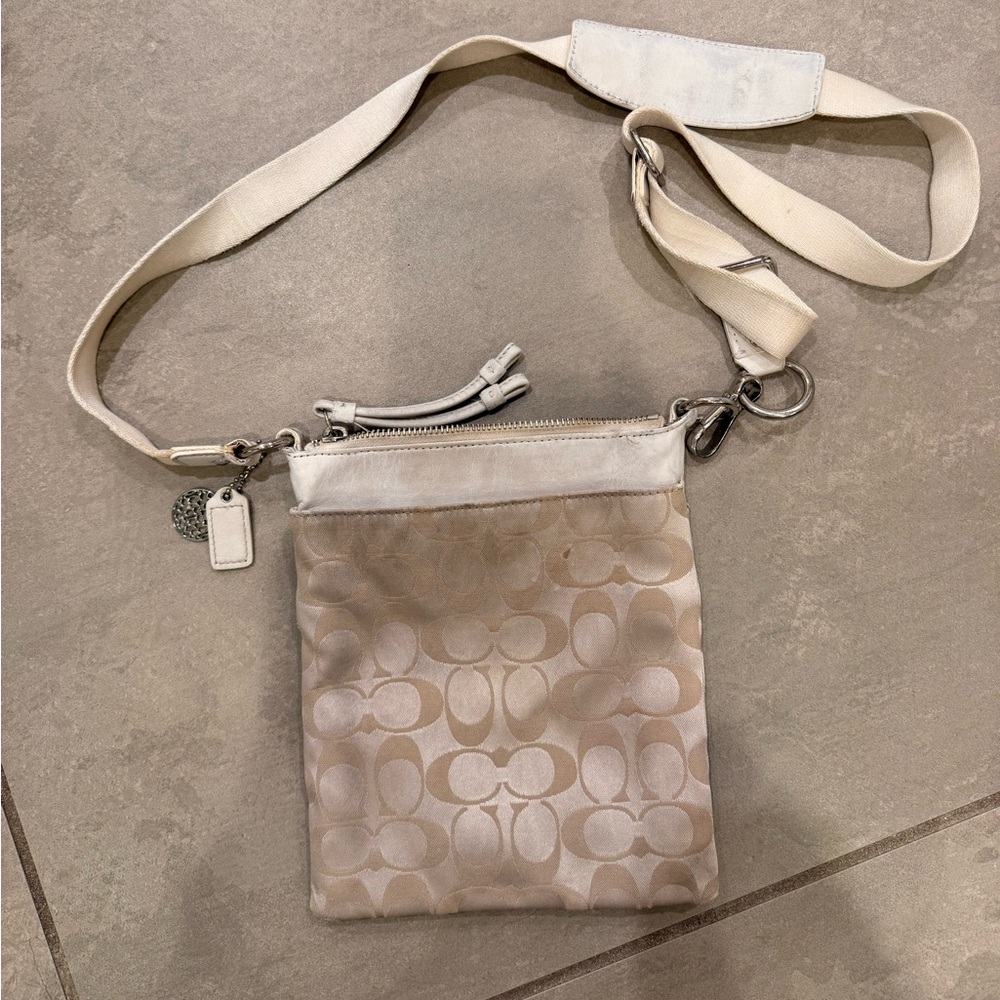 Used Coach Light Khaki/Cream Sateen Signature Swing Pack Crossbody - Picture 2 of 16